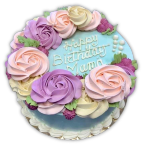Pastel Tres Leche con Rositas de dulce y Crema Celeste